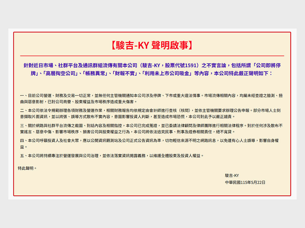 駿吉-KY 3月營收年增2218%